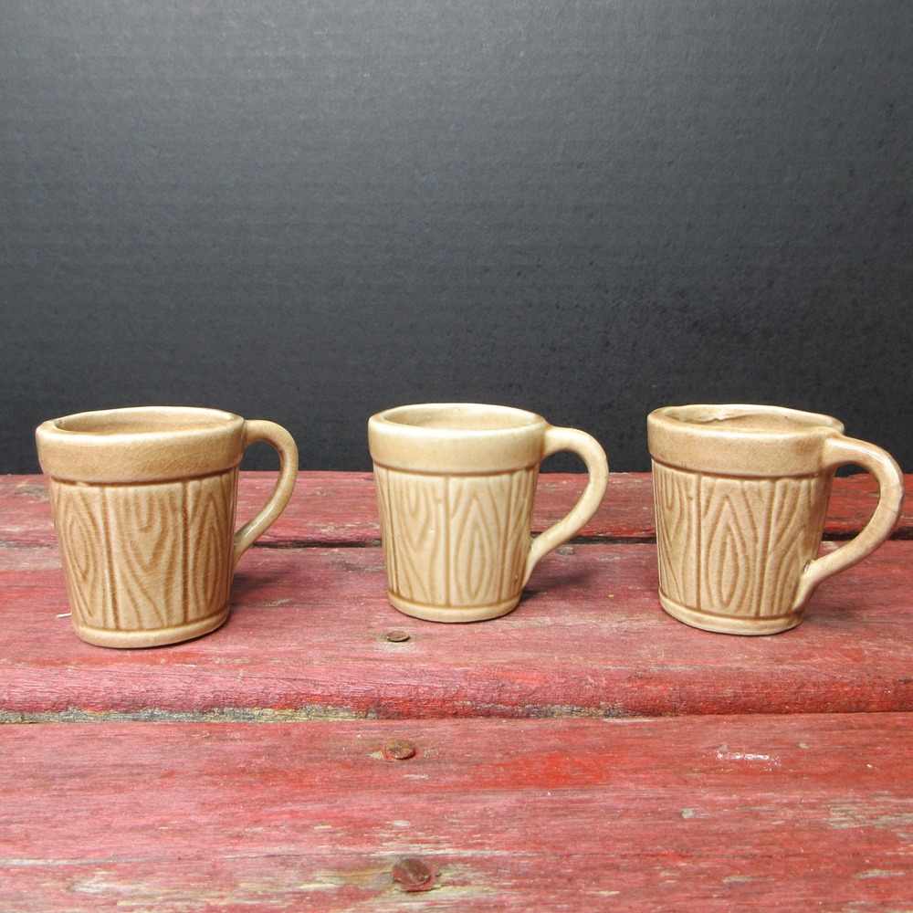 Vintage Japan Wood Grain Ceramic Mini Mug Shot Glasses Set of 3 Barware